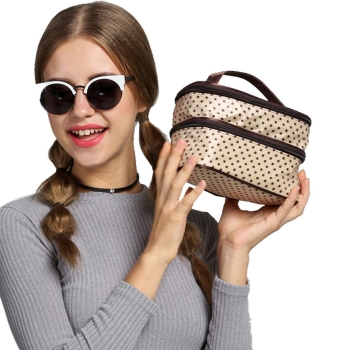 

Beige Portable Double-Deck Toiletry Dot Pattern Makeup Bag, Multicolor