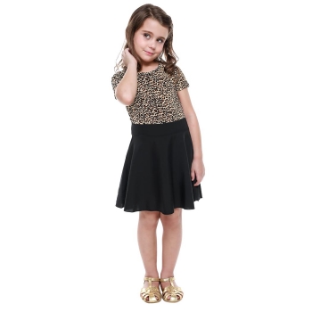

Leopard Patchwork High Waist Girls's Pleated Mini Dress, Multicolor