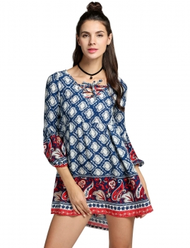 

Lace Up V-Neck 3"4 Sleeve Print Beach Casual Dress, Multicolor