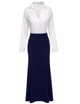 

Fashion Women V-Neck Long Sleeve Patchwork Slim Fit Maxi Long Dress, Multicolor