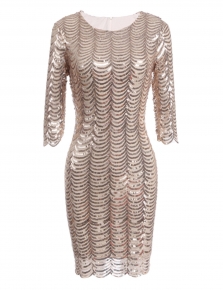 1920s Dresses Dresslink Apricot 3 4 Sleeve Fler Sequins Round Collar Vintage Styles Bodycon 1920s Club Party Dress