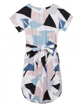 

Short Sleeve Geometric Loose Belted Dress, Multicolor