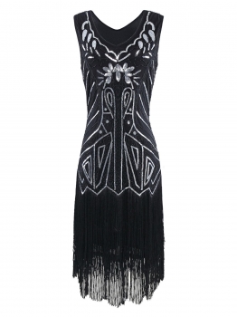 

1920s Style Sequined Fringe V-Neck Sleeveless Flapper Dress, Multicolor