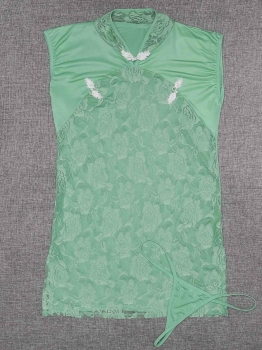 

Women Sexy Lingerie QiPao Sleeveless Sheer Floral Lace Patchwork Mini Babydoll Set with G-string, Multi-color