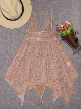 

Nude Women Sexy Lingerie Floral Asymmetrical Sheer Babydoll Set Nightwear with G-string, Multicolor