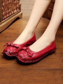 

Red Socofy Women Genuine Leather Handmade Shoes Soft Bow Slip-on Loafers Moccasin Flats, Multicolor