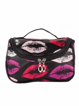 

Black Cosmetic Bag Makeup Organizer Zipper Handbag Lip Print Travel Toiletry Bags