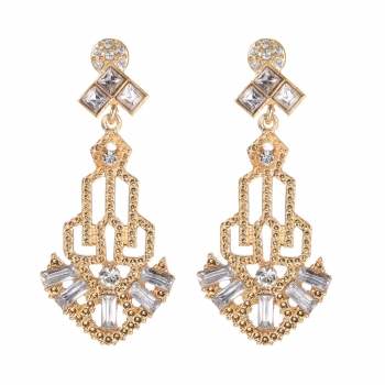 

1920s Vintage Style Rhinestone Hollow Out Dangle Earrings, Gold