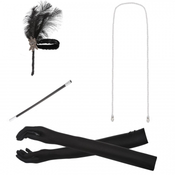 

1920s Flapper Set Great Gatsby Accessories Headband Necklace Gloves Cigarette Holder, Black