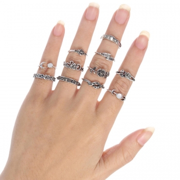 

11 PCS Rings Set Boho Style Multi Pattern Moon Flower Leaves Finger Rings Jewelry, Silver