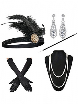 

1920s Flapper Set Costume Accessory Headband Earrings Necklace Gloves Long Cigarette Holder