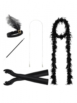 

1920s Flapper Set Costume Accessory Headband Boa Necklace Gloves Long Cigarette Holder, Multicolor