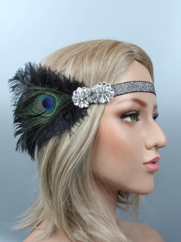 

1920s Women Vintage Style Party Rhinestone Feather Headband Flapper Headpiece, Black
