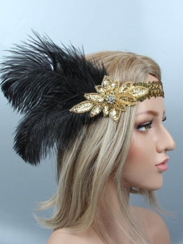 

1920s Women Vintage Style Party Sequin Feather Headband Flapper Headpiece, Black