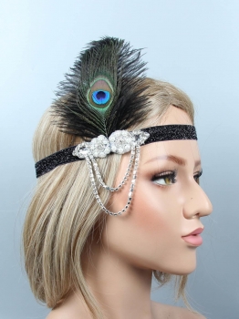 

1920s Women Vintage Style Party Rhinestone Feather Headband Flapper Headpiece, Black