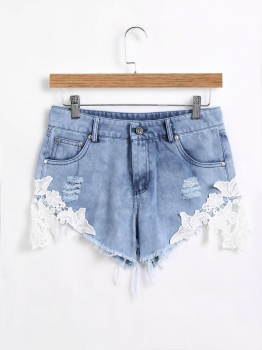 

High Waist Lace Patchwork Burrs Hem Frayed Denim Shorts, Multicolor