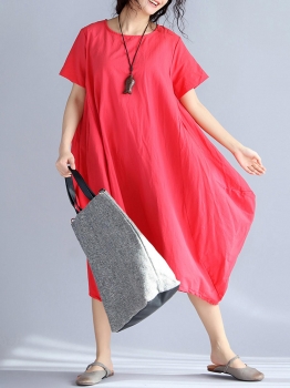 

Red O-Neck Short Sleeve Solid Loose Casual Dress, Multicolor