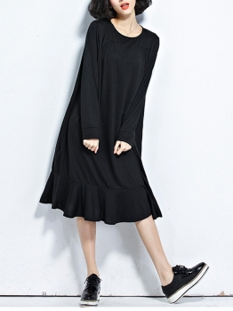 

Long Sleeve O-Neck Solid Pleated Hem Loose Dress, Black