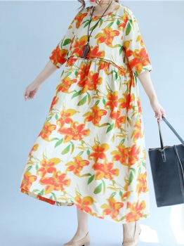 

White Orange Floral Print Half Sleeve Linen Loose Dress