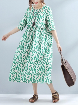 

3"4 Sleeve O-Neck Leaves Printed Loose Dress With Pockets, Green