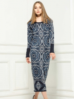 

Blue Long Sleeve Boho Styles Button Decor Knitting Dress, Multicolor