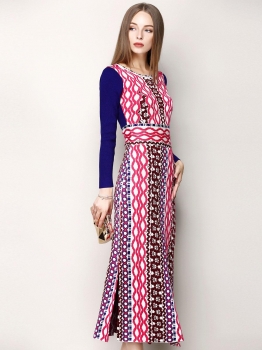 

O-Neck Knitting Printed Long Sleeves Sweater Dress, Multicolor
