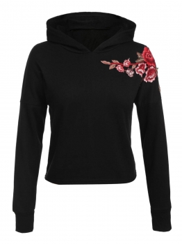 

Black Women Casual Long Sleeve Floral Embroidery Pullover Hoodie, Multicolor