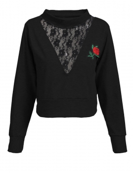 

Black Women Fashion Casual Long Sleeve Hollow Lace Cropped Pullover Sweatshirt, Multicolor