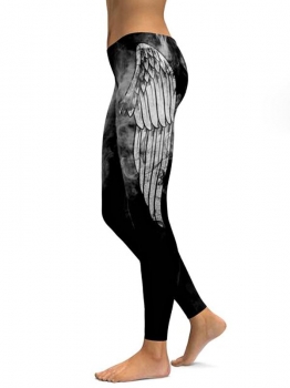 

Black Mid Waist Wings Printing Fitness Gym Yoga Elastic Leggings, Multicolor