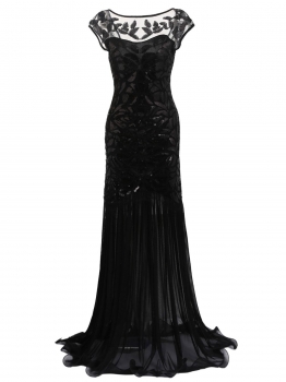 

Black 1920s Vintage Sequin Embellished Maxi Flapper Party Dress, Multicolor