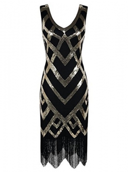 

Gold 1920s V-Neck Sleeveless Sequin Fringed Party Dress, Multicolor