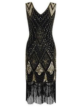 

Gold 1920s V-Neck Sleeveless Sequin Fringed Party Dress, Multicolor
