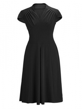 

Black 1950s Vintage V-Neck Short Sleeve Ruched Party Swing Midi Dress, Multicolor