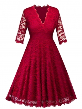 

Red Vintage 1950s Plunging 3"4 Sleeve Lace Party Dress, Multicolor