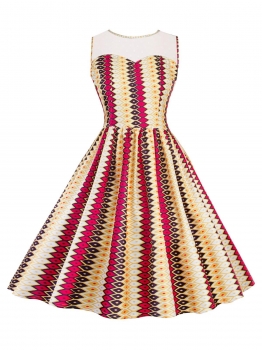 

1950s Sleeveles Mesh Patchwork Geometric Swing Party Dress, Multicolor