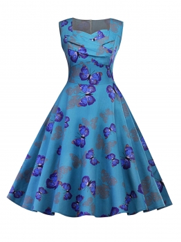 

Blue 1950s Sweetheart Collar Sleeveless Ruched Butterfly Party Swing Dress, Multicolor