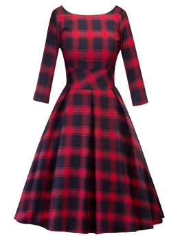 

Red 1950s Round Neck 3"4 Sleeve Plaid Party Swing Midi Dress, Multicolor