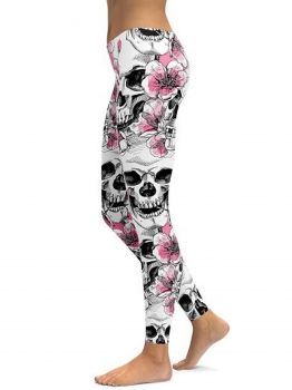 

White Floral Skull Printing Fitness Gym Yoga Elastic Leggings, Multicolor