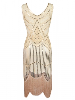 

Beige Women 1920s Vintage Style Beaded Sequin Embellished Fringed Evening Party Cocktail Flapper Dress, Multicolor