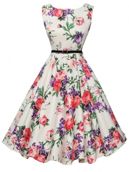 

White 1950s Vintage O-Neck Sleeveless Floral Swing Party Dress with Belt, Multicolor