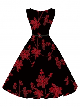 

Black 1950s Vintage O-Neck Sleeveles Floral Swing Party Dress with Belt, Multicolor