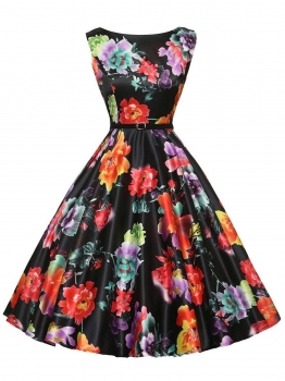 

Black 1950s Vintage O-Neck Sleeveless Floral Swing Party Dress with Belt, Multicolor