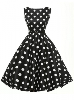 

Black 1950s Vintage O-Neck Sleeveless Polka Dot Swing Party Dress with Belt, Multicolor