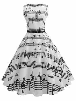 

White 1950s Vintage O-Neck Sleeveless Music Note Printing Swing Party Dress with Belt, Multicolor