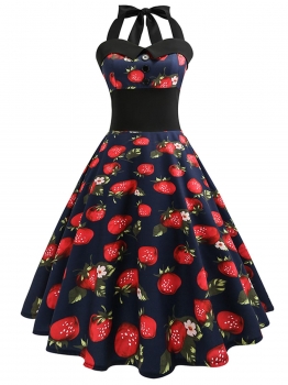 

Red 1950s Vintage Halter Sleeveless Floral Swing Party Dress, Multicolor