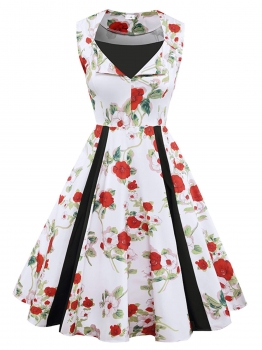 

As Picture 1950s Vintage V-Neck Sleeveless Floral Patchwork Swing Party Dress, Multicolor