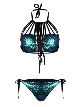 

Green Women Sexy Two Pieces Bikini Set Halter Sequined Bandage Bathing Suit Swimwear, Multicolor