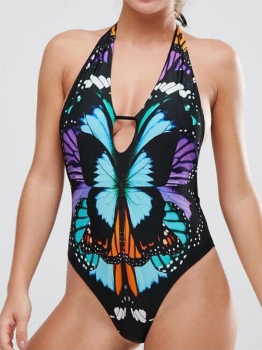 

Women One Piece Swimsuit Halter Padded Butterfly Printing Backless Bathing Suit Swimwear, Multicolor