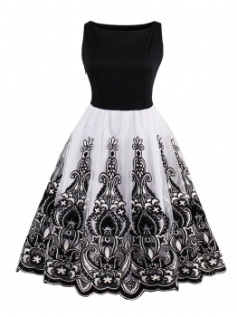

Black Women 1950s Vintage Style Slash Neck Sleeveless Embroidery Swing Party Dress, Multicolor