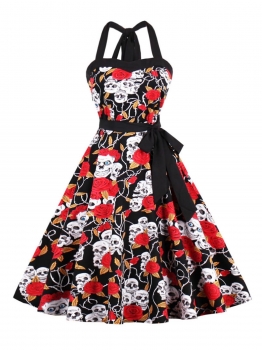 

Women 1950s Vintage Style Halter Floral Belted Swing Party Dress, Multicolor